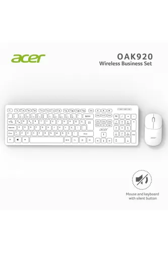 Acer Oak-920 Beyaz Kablosuz Sessiz Tuşlu 2.4Ghz Klavye Moue Set Beyaz 