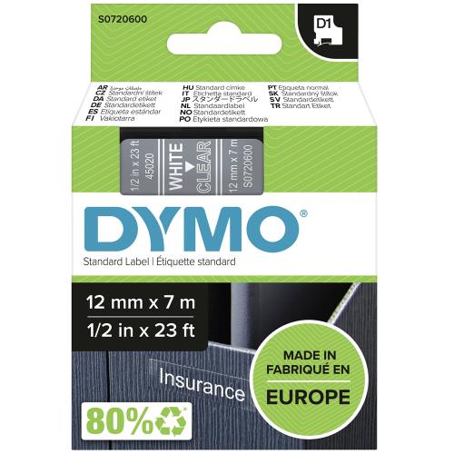 Dymo D1 Şerit 12 Mmx7Mt Şeffaf/ Beyaz 45020 - - Dymo - Fiyatı - Yoruml