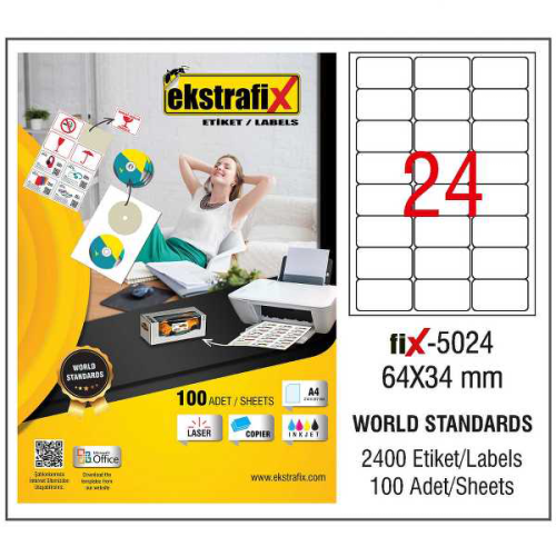 Ekstrafix Laser Etiket 100 Yp 64X34 Laser-Copy-Inkjet Fix-5024 - - Eks