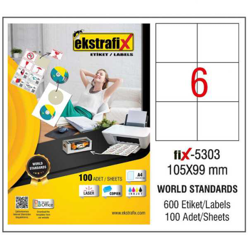 Ekstrafix Laser Etiket 105X99 Laser-Copy-Inkjet Fix-5303 - - Ekstrafix