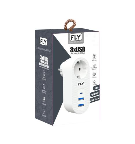 Fly-3400-01 Akım Korumalı.1 Li Priz 2-Usba 1-C Soket 2.1A 10A 2500W - 