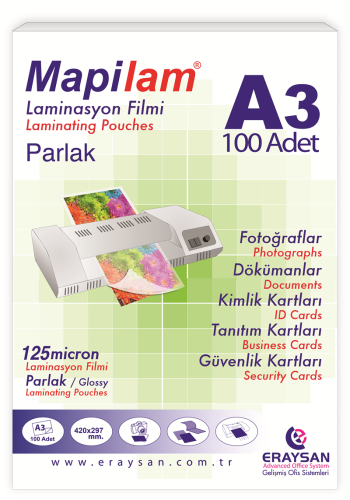 Mapi Laminasyon Filmi Sıcak Parlak A3 125 Mıc 102 12 03 - 100'lü Paket