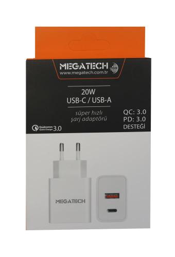 Megatech 20W Beyaz Usb-C Usb-A Şarj Kafa Qc:3.0-Pd:3.0 - - Megatech - 