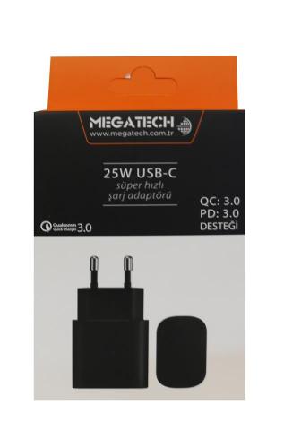 Megatech 25W Siyah Usb-C Şarj Kafa Qc:3.0-Pd:3.0 - - Megatech - Fiyatı