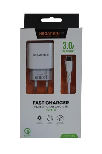 Megatech Cc01 (Cc22-T3) 5V-3.0A Ev Şarj+Type-C Kablo Hızlı Şarj - - Me