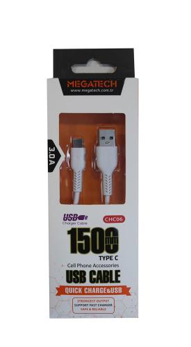 Megatech Chc06 Beyaz 2.1A 1,5Mt Type-C Bağlantı Kablosu - - Megatech -