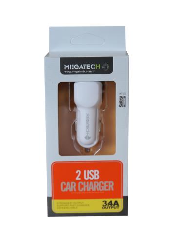 Megatech T05 2Usb 3.4A Beyaz Araç Çakmaklık Şarj Cihazı - - Megatech -