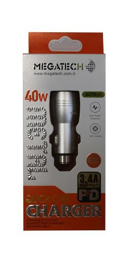 Megatech T05-M24 Re Gri 3.4A 40W Usb Çelik Araç Şarj Aleti - - Megatec