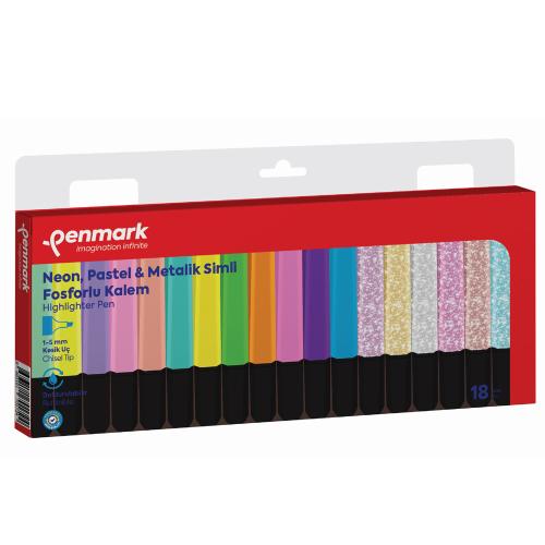 Penmark Fosforlu Kalem 18 Li Karışık Renk 6 Neon+6 Pastel+ 6 Simli - -