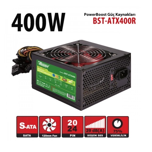 Powerboost Bst-Atx400R 400W, Ppfc 12Cm Siyah Fanlı Atx Psu Power Kablo