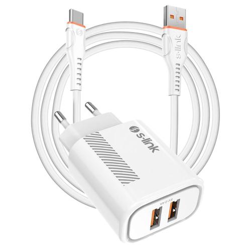 S-Link Sl-Ec50 (Sl-Ec50T) 5V 2400Ma Type-C Kablolu 2 Usb Çıkışlı Beyaz