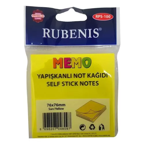 Rubenis Yapışkanlı Not Kağıdı 76X76 Mm 50 Şeffaf Sarı 50 Yp Rps-151 - 