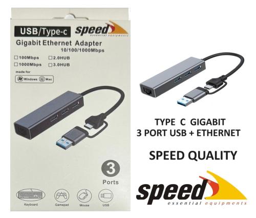 Speed Uet01 10-100-1000 Usb - Type C 3 Port Usb 3.0 Çoklayıcı Gigabit 