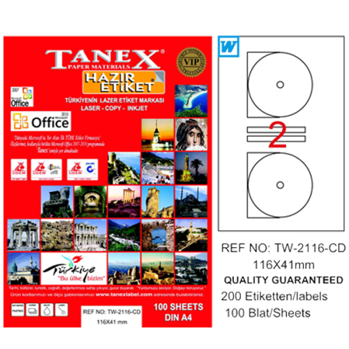 Tanex Cd Etiketi Laser-Copy-Inkjet 100 Yp 116X41 Mm Tw-2116 - - Tanex 