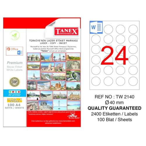 Tanex Laser Etiket 100 Yp 0.40 Mm Laser-Copy-Inkjet Yuvarlak Tw-2140 -