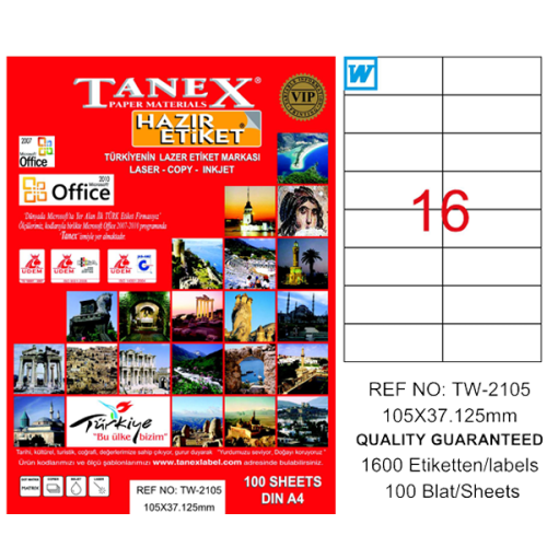 Tanex Laser Etiket 100 Yp 105X37 Laser-Copy-Inkjet Tw-2105 - - Tanex -