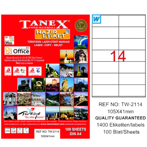 Tanex Laser Etiket 100 Yp 105X41 Laser-Copy-Inkjet Tw-2114 - - Tanex -