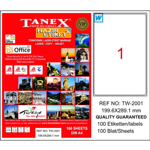 Tanex Laser Etiket 100 Yp 199.6X289.1 Laser-Copy-Inkjet Tw-2001 - - Ta