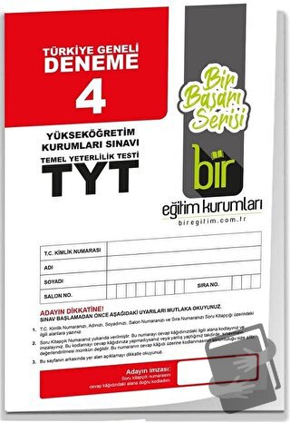 TYT Türkiye Geneli Deneme 4 - Kolektif - Bir Eğitim Kurumları - Fiyatı