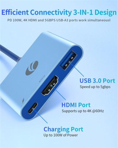 Vcom Cue15 Mavi Type-C To Hdmi(4K@60Hz)+Usb3.0+Pd 3.0 100W Çoklayıcı -